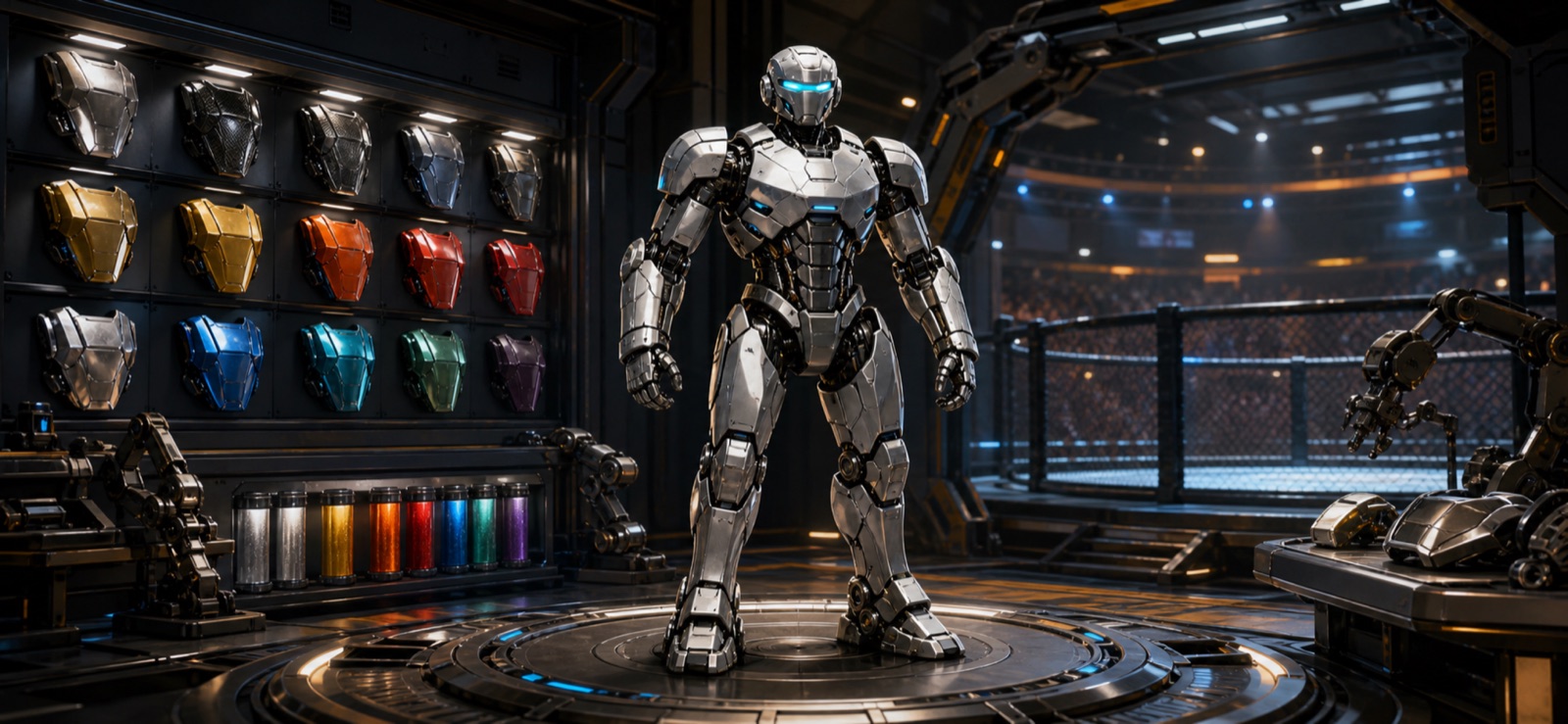 A silver robot in the Fighter Locker surrounded by armor and color options
